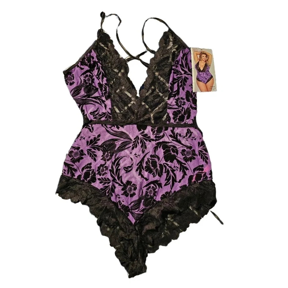 NWT SEVEN TIL MIDNIGHT Purple Black Flocked Lace Lingerie‎ Womens Size 1X/2X